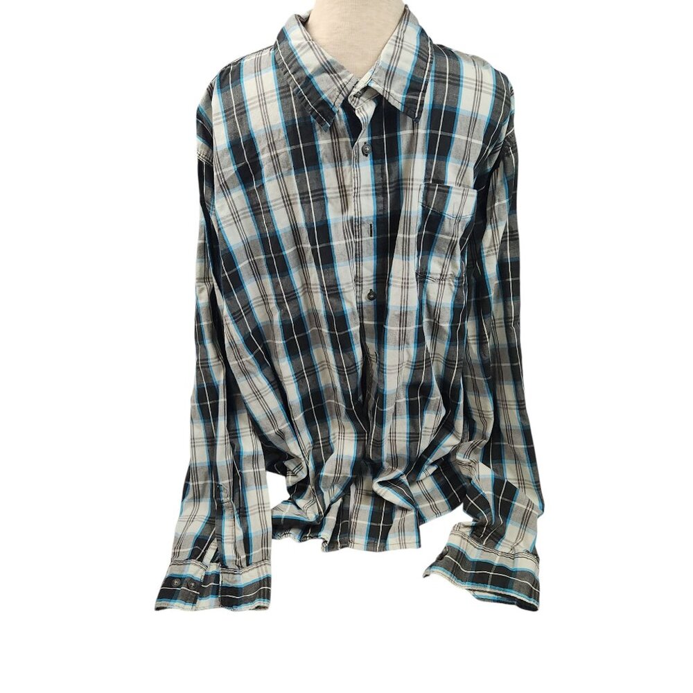 Wrangler Mens 2XL Long Sleeve Plaid Button-Up Shirt Blue Black